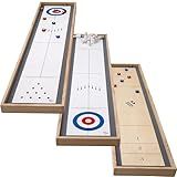 Sterling Games Tabletop Shuffleboard, Bowling and Curling 3 in 1 Combo Game Set, Two Sided Wooden Arcade Game Board with Pucks and Bowling Pins, a Table Top Game for Kids and Family