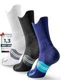 Juclise Compression Running Socks, Bamboo Viscose Coolmax Moisture-Wicking Anti-Blister Athletic Hiking Workout Gym Padded(L, Black+White+Blue)