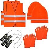 Coume 8 Pcs Blaze Orange Hunting Costume Set 2 Hunting Reflective Safety Vests 2 Blaze Reflective Hat 2 Orange Gloves and 2 Camo Binoculart for Night Hiking Outdoor Activities