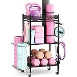 VOPEAK Home Gym Storage Rack, 3-Tier Yoga Mat Storage with Wheels & Hooks