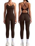 Women Workout Jumpsuit One Piece Sculpt Yoga Outfit Unitard - Brown, Large