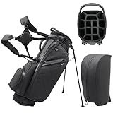 Golf Stand Bag with 14 Way Full Length Dividers, PU Leather Golf Bag for Men, Luxury Lightweight Waterproof Golf Bags with Stand, 6 Pockets & Cooler Pouch, Adjustable Dual Straps, Rain Cover Hood