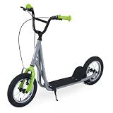 GYMAX Scooter, Kids & Adults Off-Road Scooter with 12" Inflatable Wheels, Adjustable Height Handlebar, V-Type Handbrakes & Axle Pegs for All Terrain, 8+ (Grey)