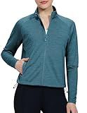MIER Womens Athletic Jackets Lightweight Cropped Zip Up Workout Running Jacket UPF 50+ Full Zip UV Shirt, Heather Blue M