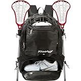 Kioqiear Lacrosse Bag, Large Backpack for All Lacrosse or Field Hockey Equipment - Two Stick Holders and Separate Cleats Shoe Compartment. (Black)