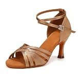 YCALCP Women Latin Dance Shoes Open Toe Satin Professional Salsa Bachata Performance Ballroom Dancing Shoes,L3049-Light Brown-7.5,US 7.5