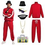 NFAUEIK 80s Tracksuit for Men,90s Hip Hop Outfi,Retro Rapper Windbreaker Costume for Disco Party. (Red, 2XL)