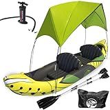 KP Inflatable Kayak 2 Person with Detachable Sun Canopy/Shade - Kayaks for Adults - Waterproof Phone Bags - Adjustable Seats - 3rd Seat for Dog/Child - Backrests & More - Yellow Green