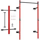 Soozier Folding Squat Rack with Adjustable Pull-Up Bar, 1000 Pounds Capacity Wall Mounted Power Rack, Adjustable Barbell Rack with J Hooks for Home Gym Full Body Workout, Red