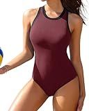 Charmo Bathing Suit for Women Tummy Control High Neck Swimsuits for Women Modest Swimwear Wine Red