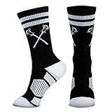 ChalkTalkSPORTS Lacrosse Performance Crew Socks - Retro Crossed Sticks - Black & White - Lacrosse Mid-Calf Socks - Adult