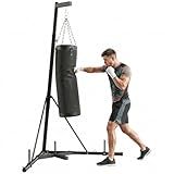Soozier Punching Bag with Stand for Adults, 72.8"-90.9" Height Adjustable Freestanding Boxing Stand with Canvas Sandbag, Stable Triangular Base and 1" Weight Plate Storage for Home Gym MMA, Black