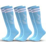 ZXOLDZX 3 Pairs Kids Soccer Socks Striped Knee High Tube Socks Football Uniform Sports Socks for Boys Girls 6-12 Years Old (US, Alpha, One Size, Regular, 3pairs-sky blue)