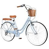 EISYROOD 26 Inch Beach Cruiser Bike for Women, Hybrid Womens Bike with 7 Speeds, Adjustable Seat, Lightweight Women Beach Cruiser Bike with Anti-Skid Tire, V-Brake, Blue, Double Bar, 26INCH