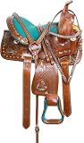LEATHERRIDE Western Leather Barrel Saddle Floral Embossed Tooled Trail Rodeo Horse Saddle with Matching Headstall, Reins and Breast Collar (15inch)