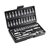 46PCS 1/4 inch Drive Socket Set,Metric Ratchet Wrench Set with 4-14mm CR-V Sockets,S2 Bits,Extension Bars,Mechanic Tool Kits for Household Auto Repair