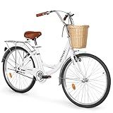 Outroad Hybrid Bike for Women, 24/26 Inch Commuter Bicycle for Adult Men and Women, High-Carbon Steel Single Speed Comfortable City Road Bikes with Rear Rack or Basket, 24-inch White