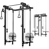 Mikolo Folding Squat Rack, Wall Mounted Power Rack with Cable Crossover Machine & LAT Pull Down, Functional Trainer with 5 Adjustable Function Modes, No Function Interference (Black)