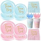 120Pcs Baby Gender Reveal Party Supplies Team Boy or Girl Paper Plates Napkins Pink Blue Disposable Baby Shower Tableware Decorations