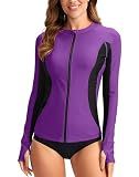 SANTINY Women's Rash Guard Zipper Pockets UPF50+ Sun Protection Long Sleeve Swimsuit Top Zip Front Swim Shirt for Women (Purple_XS)