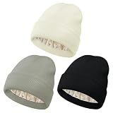 Zando 3 Pack Satin Lined Beanie for Women, Black & Beige & Light Grey