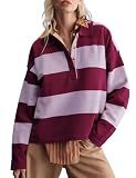 Wyeysyt Polo Sweater Women Rugby Shirt Striped Collared Sweaters,WinePink,M