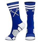 ChalkTalkSPORTS Lacrosse Performance Crew Socks - Retro Crossed Sticks - Royal Blue & White - Lacrosse Mid-Calf Socks - Youth