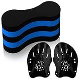 Motionchic 3 Pcs Swim Training Pull Buoy Hand Paddles Set Include 1 Buoy 2 Hand Paddles with Adjustable Straps Swim Training Equipment Kit for Adults(Black Blue)