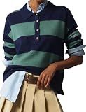 Polo Sweater Women Rugby Shirt Striped Collared Sweaters,NavyGreen,S