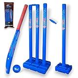 Bratla Plastic Cricket Set - Blue Color | Backyard and Beach Set for Adults and Kids | Includes Bat, Wind Ball, Stumps, and Non-Striker Stump with Plastic Base (Size 4)