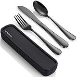 Travel Utensils with Case, 4-Piece Stainless Steel Portable Cutlery Set, Reinforced Case with Buckle Design, Lunch Box for Camping Work School, Include Fork Spoon Knife, Dishwasher Safe, Black