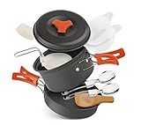 12 PCS Lightweight Camping Cookware Set – Non-Stick Pots, Pans & Utensils for Backpacking, Hiking & Outdoor Cooking – Compact Mess Kit for 2-3 People (Orange, Aluminum)