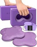 Deep-Zen® Yoga Blocks Wrist Support; Yoga Blocks 2 Pack with Knee Pads and Strap to Put Less Weight on Wrists; Durable, Versatile Yoga Brick Exercise Block Set, Blocks Yoga (Purple)