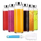 Luxfuel Clear Glass Bottles with Lids 18 oz, Reusable Glass Water Bottles with Stainless Steel Cap for Refrigerator, Juicing, 100% Leak Proof, BPA Free, Juice Bottle Drinking Jar Containers Set of 6