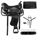 SUPREME SADDLERY Classic Quality Western Synthetic Comfort Barrel Racing Trail Tack Equestrian Horse Saddle All Accessories Included (16 inches, Black Corner_02)
