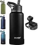 CIVAGO 32 oz Insulated Stainless Steel Water Bottle with Detachable Straw, Large Metal Water Jug with Bucket Handle, Leakproof Sports Water Flask with Silicone Boot for Travel, Dishwasher Safe, Black