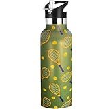 Hazlget Tennis Gifts,Tennis Water Bottle with Straw Lid Insulated Stainless Steel Travel Mugs for Sport Gym Outdoor 20oz