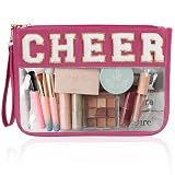 BuyCard Cheer Chenille Letter Bags Clear Makeup Bag, Cheerleader Gifts Cosmetic Bag, Varsity Preppy Patch Flat Pouch Cheer Accessories, Waterproof PVC Organizer Toiletry Bag for Women Girls