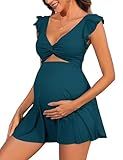 Charmo Ruffle Maternity Swimwear Twist Front Cutout Pregnancy Swimsuits for Women Padded V Neck Maternity Swim Dress Dark Blue L