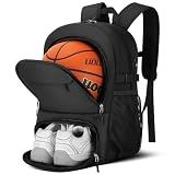 OCKLILY Basketball Backpack - Large Basketball Equipment Bag with Ball Holder & Shoe Compartment, Sport Bags for Basketball, Soccer, Volleyball, Gym, School and Travel, Black, 30L