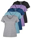 Real Essentials 5 Pack: Women's Dry Fit Short Sleeve V Neck Workout Top - Fitness Pilates Gym Athletic Yoga T-Shirt (Plus Available), Set 1, L