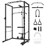 GarveeLife Power Cage, Multi-Function Squat Rack with LAT Pulldown, 1600 LBS Weight Capacity Fitness Power Rack with Cable Pulley System and j-Hooks, Dip Bars and Landmine Attachment for Home Gym