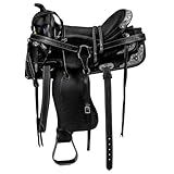 Barrel Brown Western Horse Trail Saddle Set Leather Horse Saddle with Headstall, Breast Collar Combo Rodeo Cowboy Riding Equestrian Comfortable Ride Black Saddle Tack Set (Black, 16 Inch)