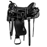 Barrel Brown Western Horse Trail Saddle Set Leather Horse Saddle with Headstall, Breast Collar Combo Rodeo Cowboy Riding Equestrian Comfortable Ride Black Saddle Tack Set (Black, 15 Inch)