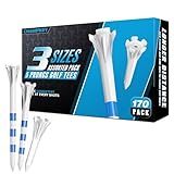 CHAMPKEY Professional 170 Pack 5-Prong Plastic Golf Tees 3 Sizes Assorted Pack - 100 Pcs 3-1/4" with 40 Pcs 2-3/4" and 30Pcs 1-1/2" Golf Tees Plastic (White)