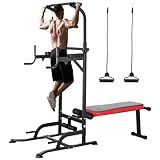 Arlopu Power Tower with Bench, Pull Up Bar Stand, Dip Bar w/Folding Bench 4 Ropes Strength Training, Multi-Function Fitness Equipment for Home Gym, Adjustable Heights and Angles Dip Station, 400LBS