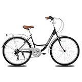 HH HILAND 26 Inch Hybrid Bike for Adult Women Female, 7-Speed, Lightweight Step Through Hi-Ten Steel Frame City Commuter Comfort Lady Bicycle, Beach Cruiser Bike, Black