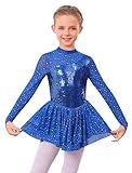 ODASDO Figure Skating Dress for Girls Ice Skating Kids Teenager Girl Mesh Long Sleeve Sparkly Rhinestones Sequin Skirted Leotard Gymnastics Competition Ballet Outfit Dancewear Royal Blue 5-6 Years