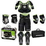 Winnwell Youth Ice Hockey Protective Gear Set - Shoulder, Elbow, Shin Pads, Gloves, Pants & Bag (Large, Black/Green)