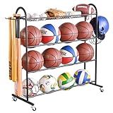 PLKOW Basketball Rack, Rolling Ball Storage with Baseball Bat Holder and Hooks, Sports Equipment Storage with Wheels for Volleyball, Football and Basketball Accessories, Powder Coated Steel